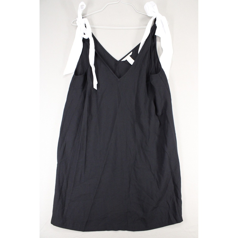 H&M Mini Dress Tie Shoulder V-Neck Womens Size M Black Viscose Blend Minimalist